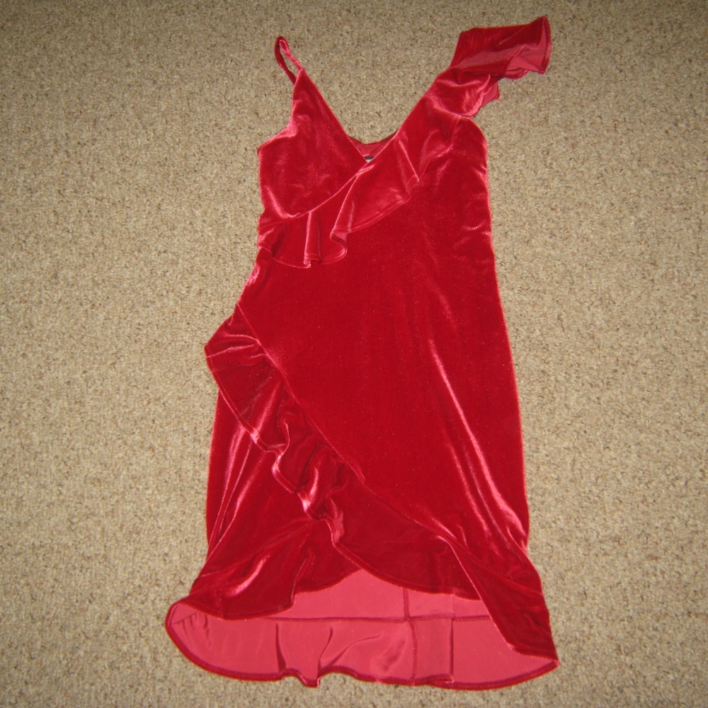 EXPRESS RED RUFFLE SHOULDER DRESS STRETCH S $80 - Picture 2 of 5